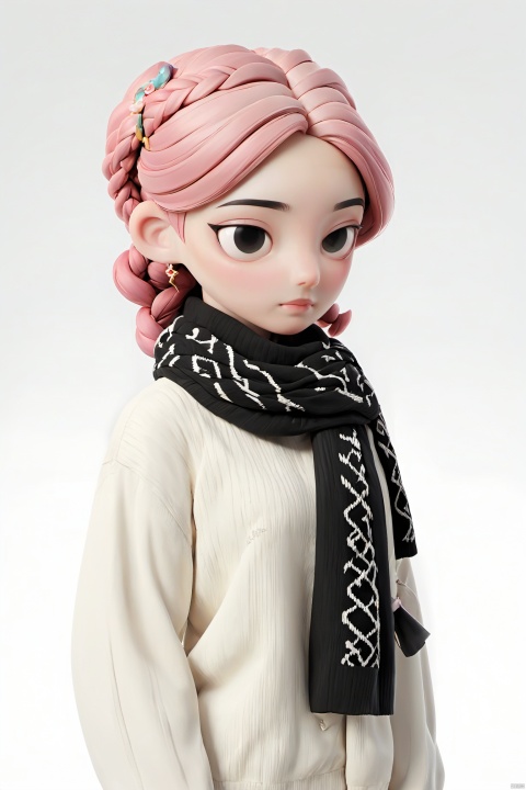 Best quality,masterpiece,ultra high res,1girl,solo,hairclip,hair ornament,scarf,pink hair,black eyes,sweater,gradient background,braid,upper body,(white background:1.5),day, gradient, hair ornament, hairclip, jacket, long sleeves, scarf, sky, solo,
