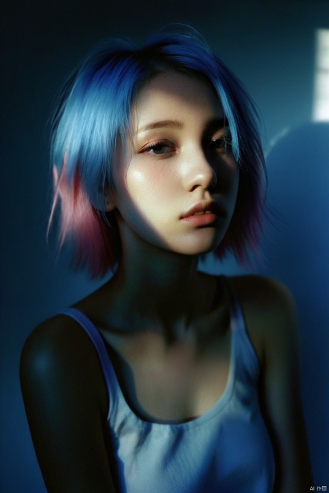  depressed, portrait of 1girl by Bill Henson, depressed, ruins, shadows, dramatic lighting, sunset, contemporary, dark, expressionism, dystopia, industrial,Half bodysliver gradient Short hair,(sliver hair:1.1),(light blue hair:1.1),(pink hair:1.2), hubg_jsnh, sunlight, monkren, portrait of a woman