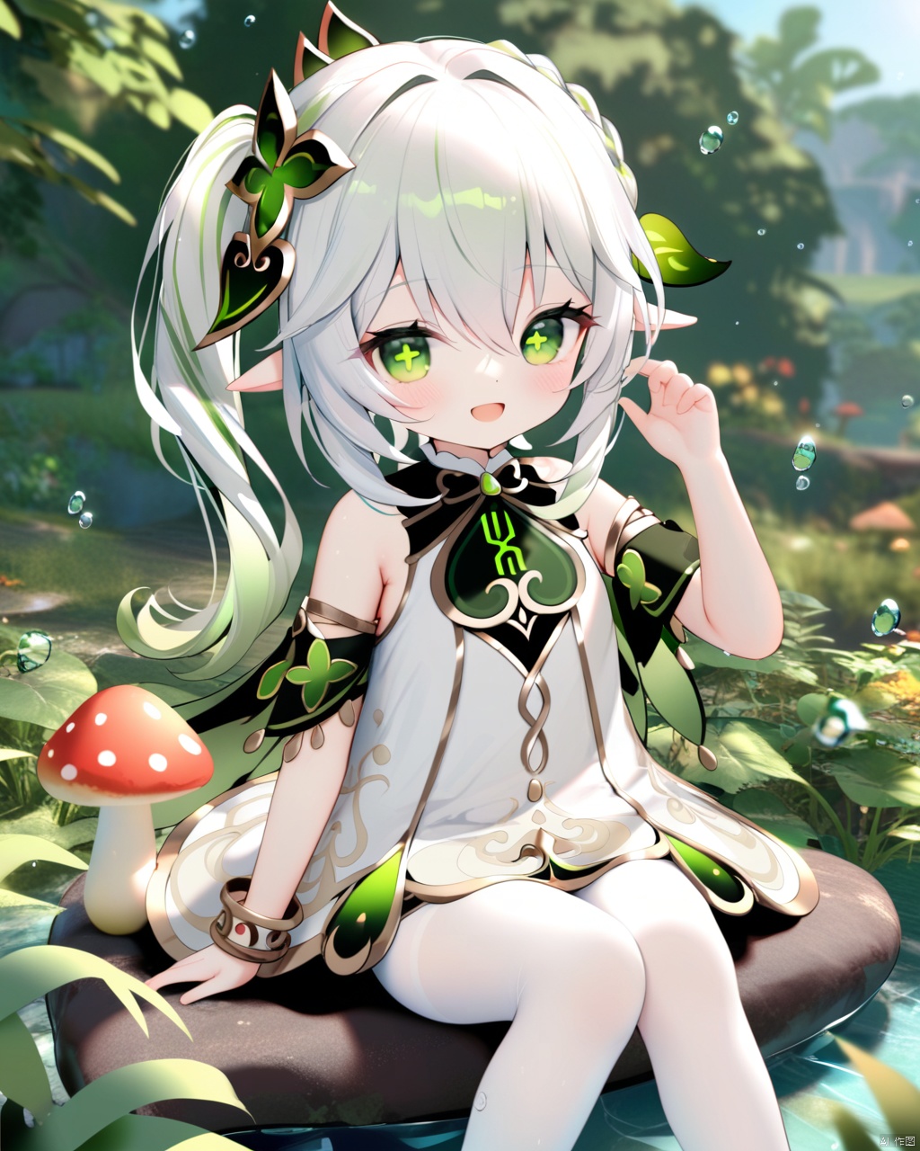  chen bin, mmd style, 1girl, nahida (genshin impact), solo, green eyes, pointy ears, side ponytail, symbol-shaped pupils, hair ornament, looking at viewer, white hair, bangs, smile, multicolored hair, long hair, blush, dress, gradient hair, hair between eyes, open mouth, braid, plant, mushroom, detached sleeves, green hair, white dress, :d, sidelocks, bare shoulders, outdoors, cross-shaped pupils, sitting, sleeveless, leaf hair ornament, sleeveless dress, blurry, white pantyhose, hand up, nature, jewelry, knee up, water drop