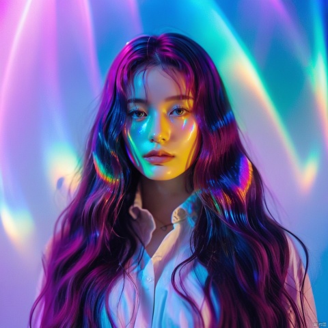  1girl, solo, long wavy hair, flowing rainbow colored holographic background, portrait, holographic, iridescent, vaporwave, fluid, niji style, realistic
