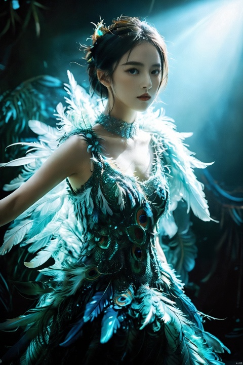  Create a commercial half-body portrait of a 20-year-old model in a peacock feather dress, illuminated by contour lighting to accentuate the cool-toned ambiance. The real, dazzling feathers of the dress should be the central element, with the lighting technique bringing out their splendor and dreamlike quality. The focus should be on capturing the model's upper body, highlighting how the light plays off the unique textures and colors of the feathers, creating a contrast between the vibrant dress and the subdued background