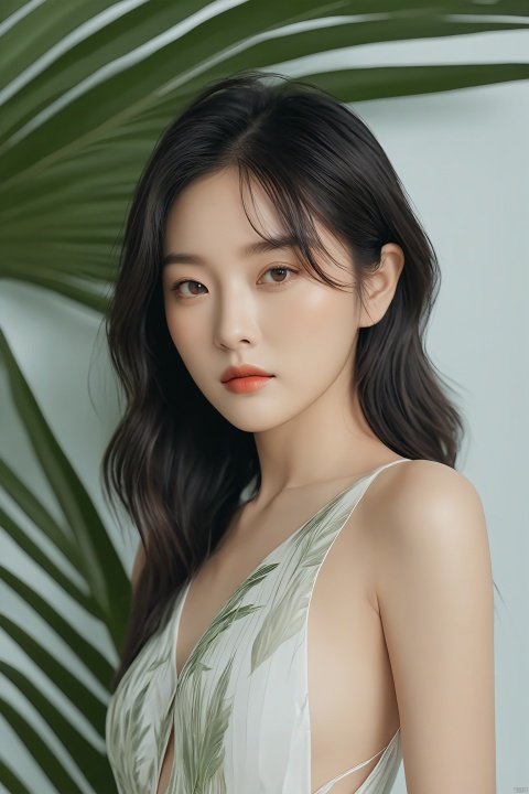  a woman standing in front of a palm leaf, a picture, inspired by Li Fangying, jinyoung shin aesthetic, editorial footage, avatar image, lovely delicate face, beauty retouch, very very very realistic,