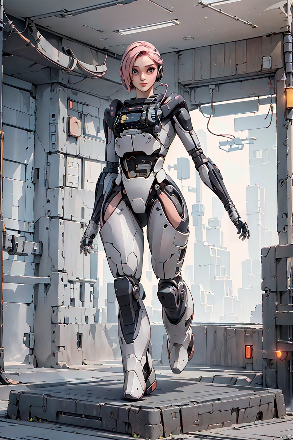  (best quality), (masterpiece), (highres),epic scenes, impactful visuals,senseofspace,(sciencefiction:1.3),lida, 1girl, solo, looking at viewer, short hair, standing, full body, pink hair, fingerless gloves, armor, hair over one eye, lips, bodysuit, joints, cable, cyborg, robot joints, barcode, cyberpunk
, Disney, 2.5D
