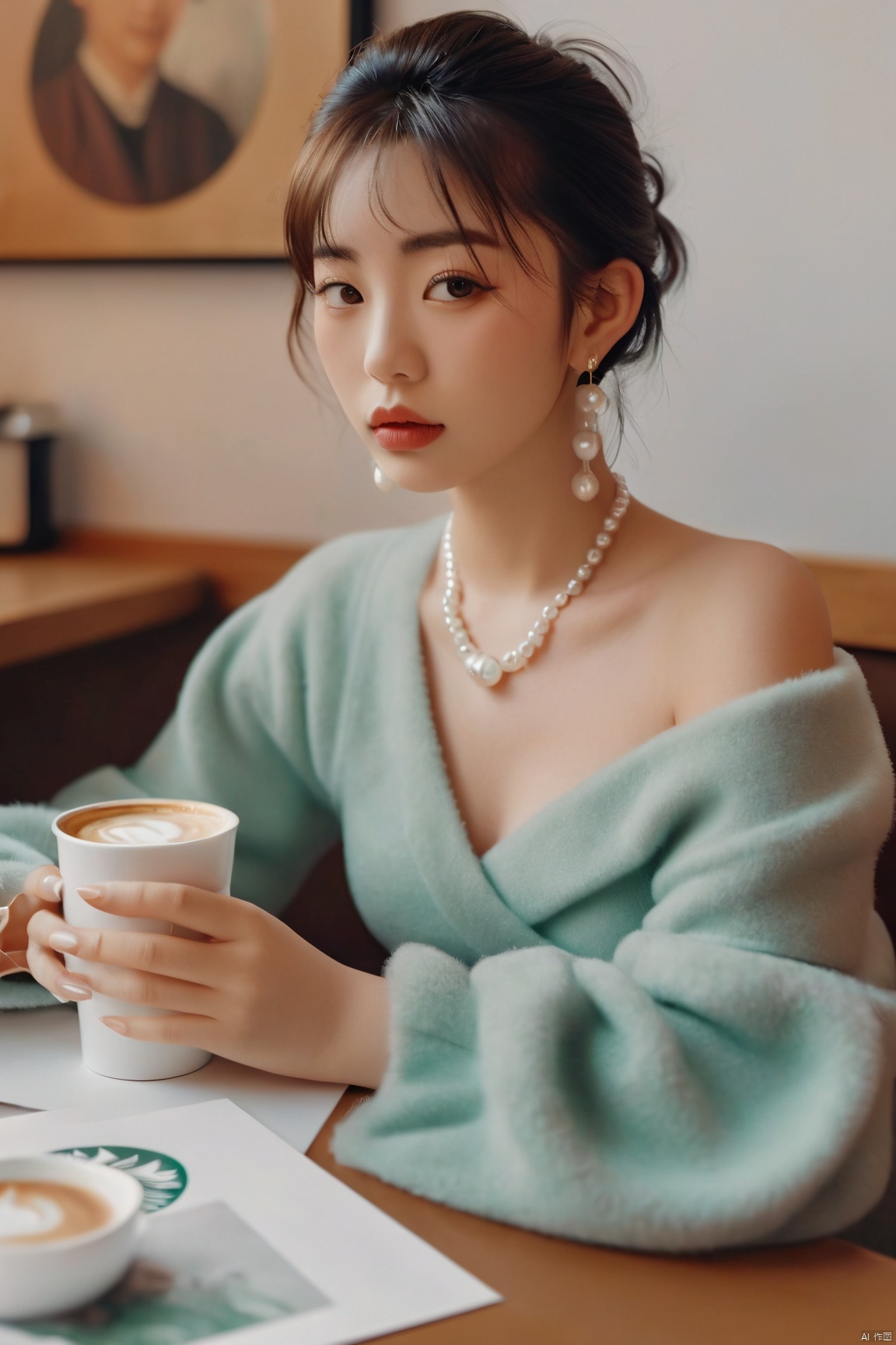  a woman sitting at a table with a cup of coffee, a photorealistic painting, inspired by Elsa Bleda, trending on pexels, realism, girl with a pearl earringl, starbucks, in a high renaissance style, portrait of a japanese ****, fashion shoot 8k, in thomas ruff style