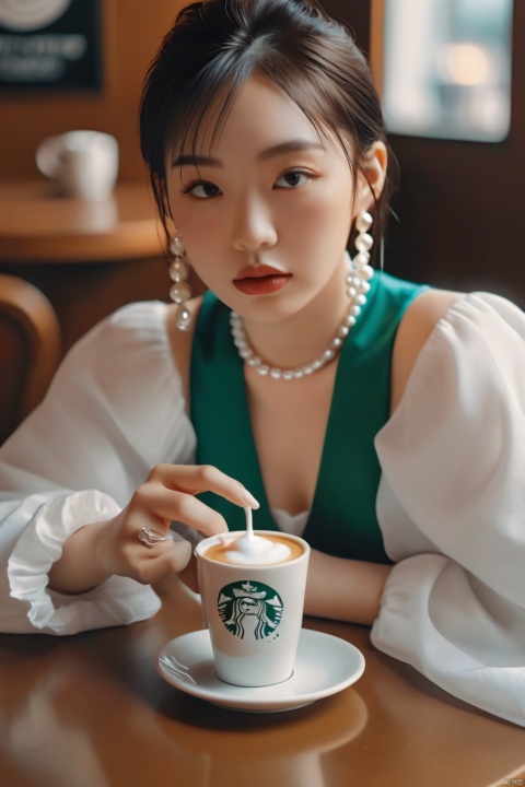  a woman sitting at a table with a cup of coffee, a photorealistic painting, inspired by Elsa Bleda, trending on pexels, realism, girl with a pearl earringl, starbucks, in a high renaissance style, portrait of a japanese teen, fashion shoot 8k, in thomas ruff style