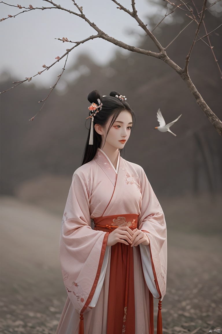 1girl, long hair, hair ornament, long sleeves, dress, standing, wide sleeves, hair bun, bird, chinese clothes, shawl, branch, hanfu
 (score_9_up,score_8_up),