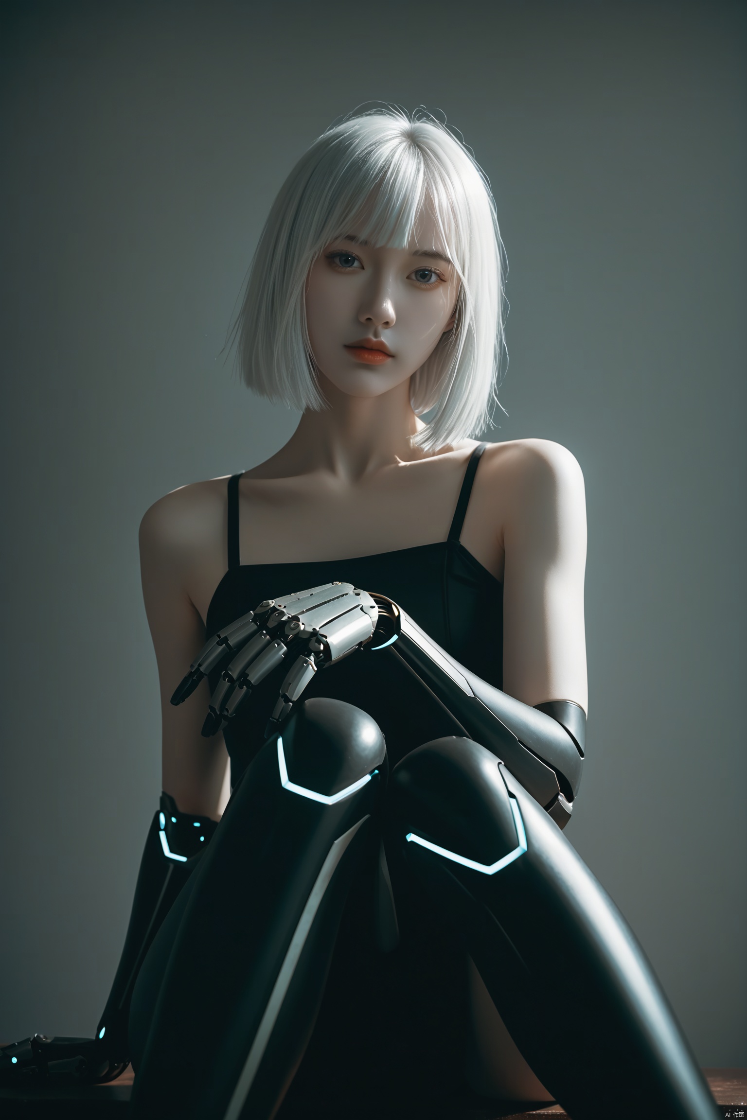 core_9, score_8_up, score_7_up, source_real, realitic, raw, photo, photorealism, & (sitting leg crossed, view from below),small face,
a hyper realistic and highly detailed shot of a female, luminous neon white hair with bangs, cyborg girl, mechanical limbs, shot on polaroid film, luminous, glossy, avantgarde, futuristic, poster art, bold lines, highly detailed, limited color palette, high contrast, depth of field, looking at viewer, cinematic lighting, (intricate details, masterpiece, best quality:1.4)