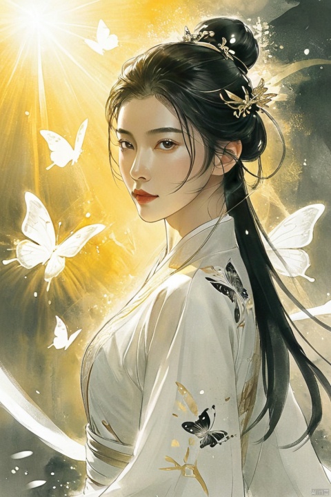  Goldeneast,illustration,chinese ink painting,myth,1 handsome Chinese young woman,mature and exquisitefacial features,sharp eyes,wearing white Hanfu andblack mecha,in battle,light particles,glowing butterflies,
,