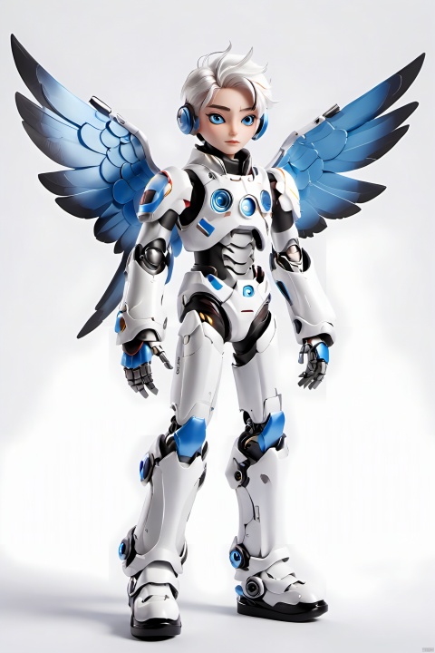  robot boy, 1boy, solo, wings,mecha musume, mechanical wings, white hair, full body, looking at viewer, heterochromia, science fiction,blue eyes, robot joints, joints, feathered wings, 
closed mouth, white background, standing, android,