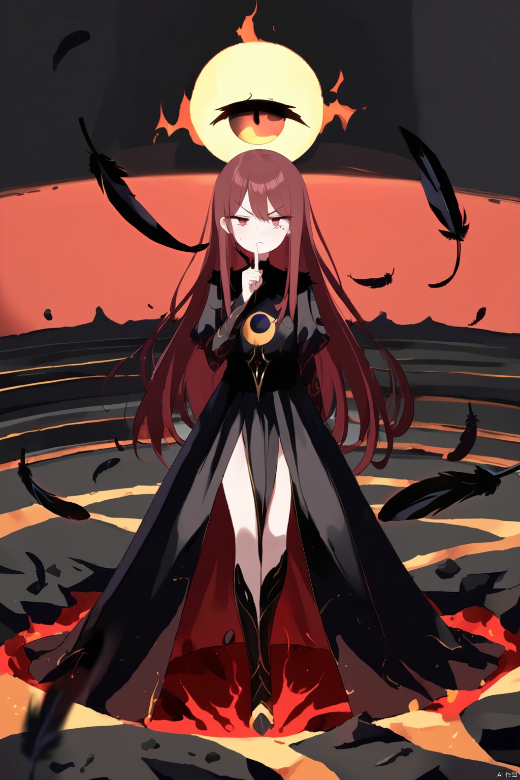  (black wind:1.4), 1girl,long_hair,facing viewer,standing,shushing,beautiful detailed eyes,exquisite dress, (annoyed face,:1.2),
(pitch-black scorched earth:1.3), (black sun:1.2), (crimson boiling magma:1.1),(falling black feathers:1.3),
8k,