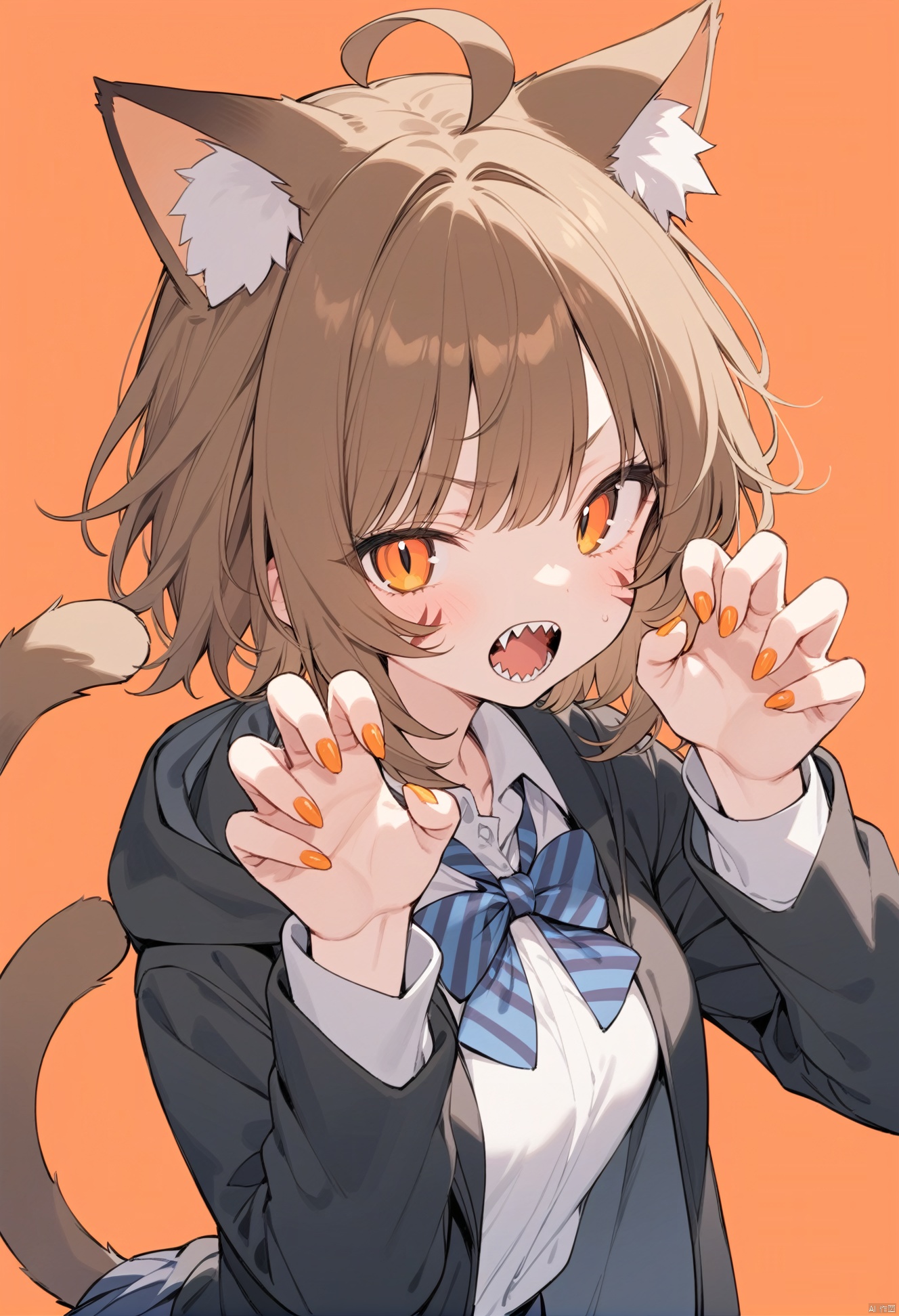  masterpiece, best quality,1girl, solo, animal ears, bow, teeth, jacket, tail, open mouth, brown hair, orange background, bowtie, orange nails, simple background, cat ears, orange eyes, blue bow, animal ear fluff, cat tail, looking at viewer, upper body, shirt, school uniform, hood, striped bow, striped, white shirt, black jacket, blue bowtie, fingernails, long sleeves, cat girl, bangs, fangs, collared shirt, striped bowtie, short hair, tongue, hoodie, sharp teeth, facial mark, claw pose