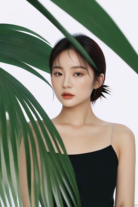 a woman standing in front of a palm leaf, a picture, inspired by Li Fangying, jinyoung shin aesthetic, editorial footage, avatar image, lovely delicate face, beauty retouch, very very very realistic, 