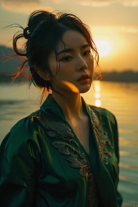  a woman standing in front of a body of water, a picture, by Zhang Han, trending on cg society, ornate dark green clothing, with sunset, closeup portrait shot, taken in 2 0 2 0, wind kissed picture, sakimichan hdri