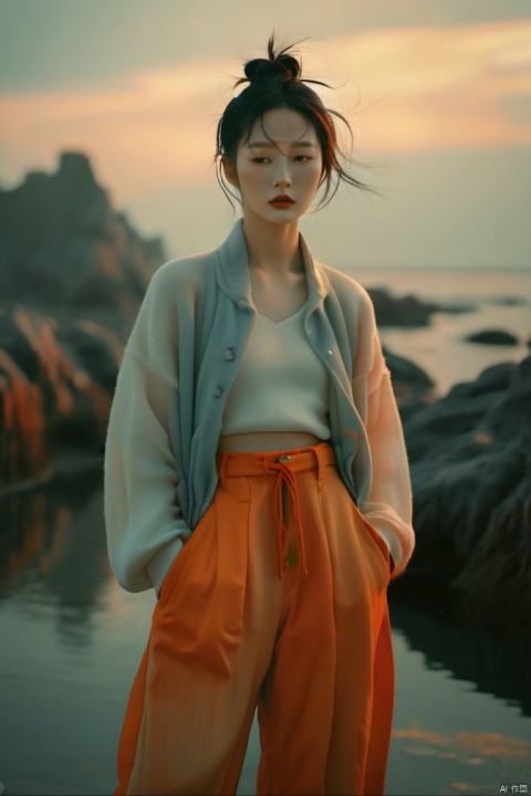  1 young chinese woman oversized pants gradient dream-like,eerie,ethereal,landscapes,magic,photography,photography-color,shallow-depth-of-field by TJ Drysdale Charles Robinson,