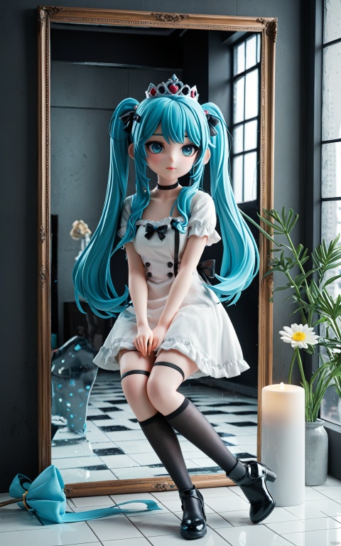  1girl, solo, long hair, looking at viewer, blue eyes, thighhighs, dress, ribbon, twintails, sitting, very long hair, blue hair, full body, flower, short sleeves, black thighhighs, white dress, aqua eyes, black ribbon, aqua hair, crown, checkered floor, hatsune miku, (masterpiece), (best quality), illustration, ultra detailed, hdr, Depth of field, (colorful), (reflection light), incredibly absurdres, (Movie Poster), clear boundaries of the cloth,