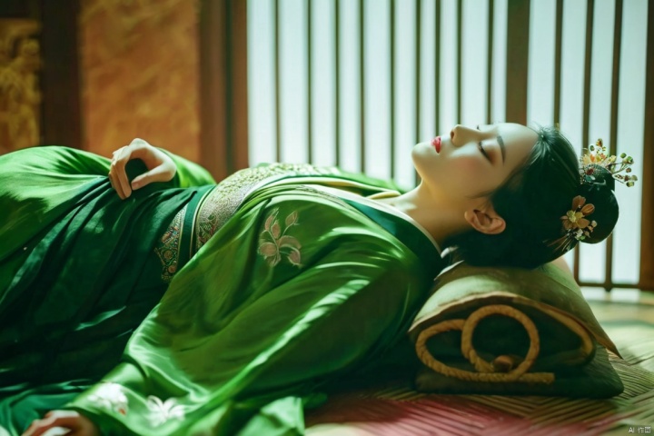  professional 3d model cinematic still a girl in green hanfu,laying down,indoors. emotional, harmonious, vignette, 4k epic detailed, shot on kodak, 35mm photo, sharp focus, high budget, cinemascope, moody, epic, gorgeous, film grain, grainy. octane render, highly detailed, volumetric, dramatic lighting, advanced light, magical, atmosphere, beautiful, great composition, dynamic, ambient, lively, intricate, full color, perfect background, best, created professional, vivid, creative, positive, joyful, unique, awesome, aesthetic, pure, symmetry, clear, artistic, surreal, inspired, whole colors, illuminated, extremely colorful, iconic