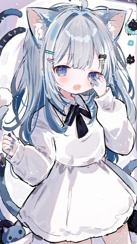 artist(甘城なつき),Nachoneko,1girl,shirt,animal ears,one eye closed,cat ears,tail,cat tail,sleeves past wrists,solo,white shirt,dress shirt,cat girl,collared shirt,long hair,hair ornament,long sleeves,blue eyes,bangs,grey hair,open mouth,hand up,hair between eyes,romaji text,nail polish,pillow,looking at viewer,fang,twitter username,blush,;o,hairclip,rubbing eyes,