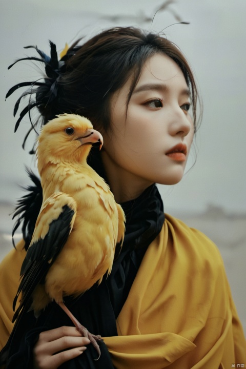  a woman with a bird on her shoulder, a photorealistic painting, by Ye Xin, elegant yellow skin, 8k artistic 1920s photography, 🦩🪐🐞👩🏻🦳, 19-year-old girl, crow, eva