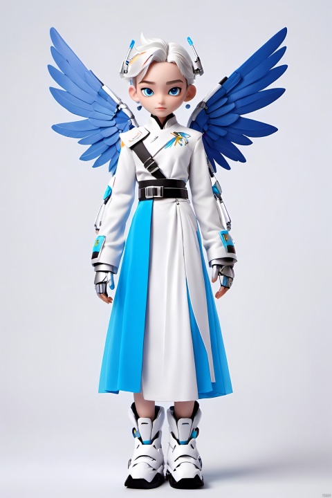  robot boy, 1boy, solo, wings,mecha musume, mechanical wings, white hair, full body, looking at viewer, heterochromia, science fiction,blue eyes, robot joints, joints, feathered wings, 
closed mouth, white background, standing, android,((chinese_clothes)), skirt belt long sleeves