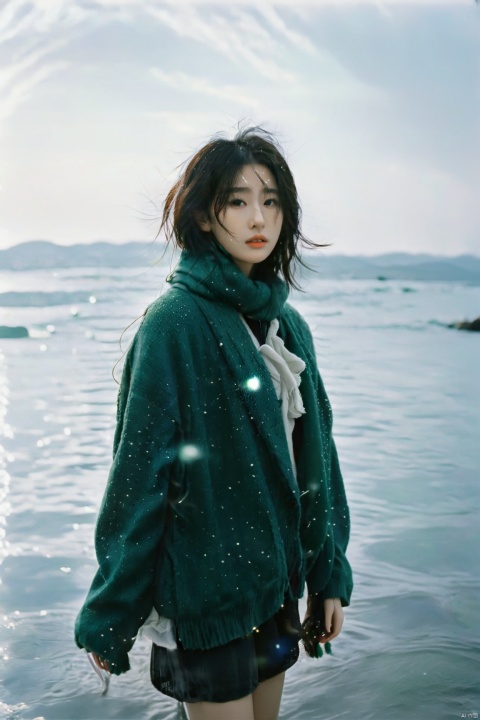  8K,raw,from below,1gril,solo,earrings,(full body:1.3),standing,long legs,sweater,Dark green scarf,sea,The glimmer of the sea,KODAK Ektar 100,(Film grain:1.2),light particles,looking at viewer, 1girl, liuyifei