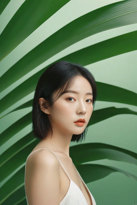  a woman standing in front of a palm leaf, a picture, inspired by Li Fangying, jinyoung shin aesthetic, editorial footage, avatar image, lovely delicate face, beauty retouch, very very very realistic,upper_body