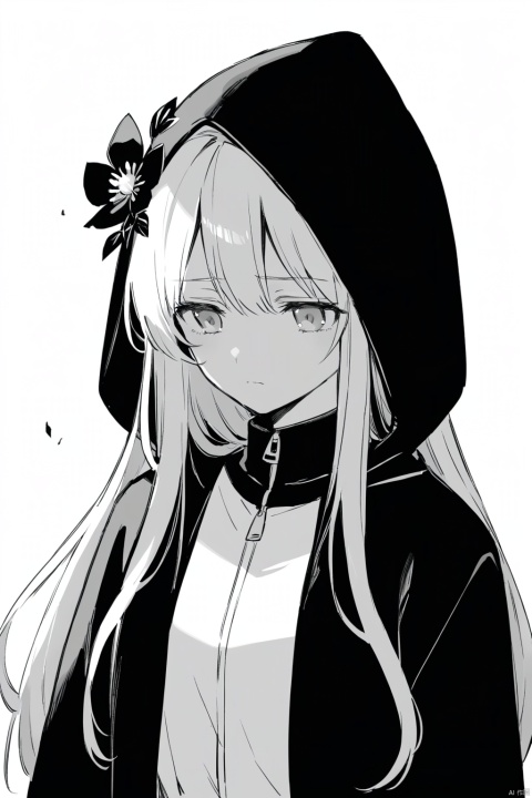  1girl, solo, long hair, gloves, jacket, monochrome, upper body, flower, greyscale, hood, hooded jacket, hood up,broken mask,sadness, hitoroa