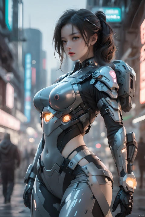  1girl,Future style gel coat,Future Combat Suit,armor,blurry background,bodysuit,breasts,building,Glowing Clothing,Shoulder mecha,Oblique lateral body,Above the knee,Grey gel coat,Upper body,Clothing with multiple light sources,city,cowboy shot,cyberpunk,depth of field,looking at viewer,medium breasts,realistic,science fiction,solo,standing