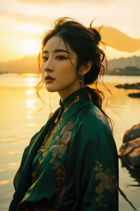  a woman standing in front of a body of water, a picture, by Zhang Han, trending on cg society, ornate dark green clothing, with sunset, closeup portrait shot, taken in 2 0 2 0, wind kissed picture, sakimichan hdri