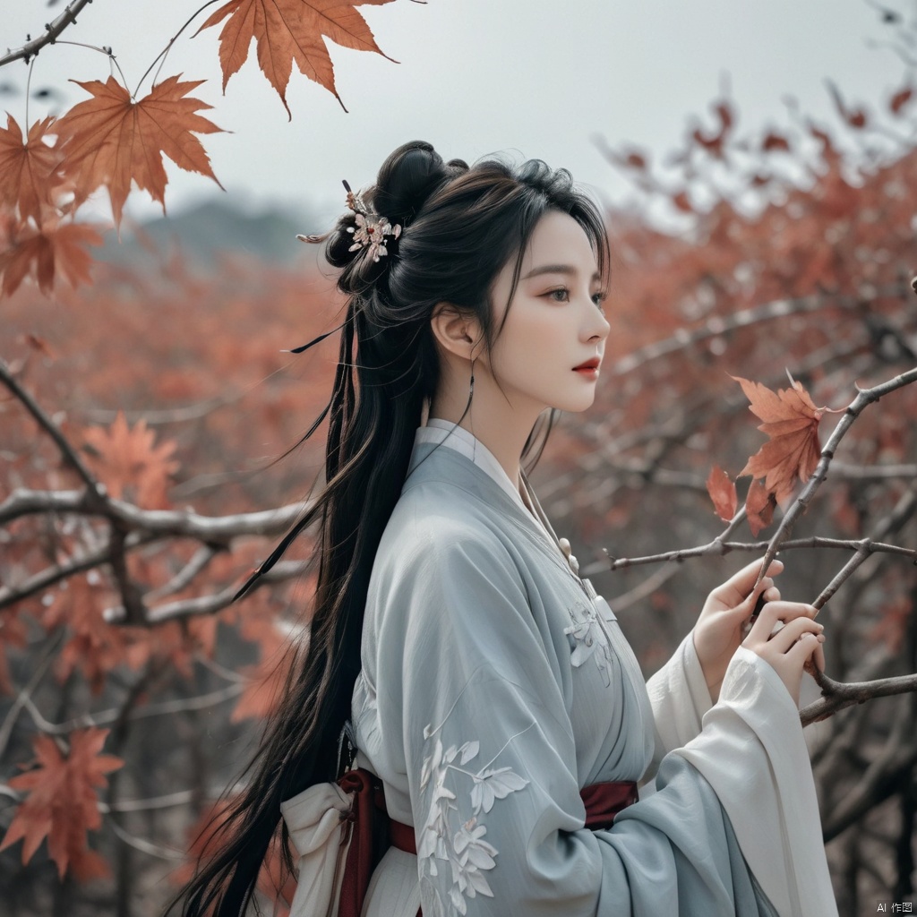  Fashion editorial style a asian girl with hanfu ruqun,Jin style, joint brand, ribbon, Withered leaves, old vines, plant illustration, splash ink,High fashion, trendy, stylish, editorial, magazine style, professional, highly detailed, cinematic lighting, Dramatic lighting, liuyifei, liu yifei