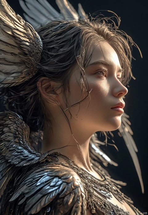  HDR photo of best quality, (illustration, very aesthetic:0.95), (ultra detailed), intricate details, dynamic angle, solo, 1Girl, from side, (look down, Downcast Eyes:1.2), Angels, white wings, shiny feather, (cinematic lighting, raytracing), (black background:1.2), (silence background:1.2) . High dynamic range, vivid, rich details, clear shadows and highlights, realistic, intense, enhanced contrast, highly detailed . High dynamic range, vivid, rich details, clear shadows and highlights, realistic, intense, enhanced contrast, highly detailed