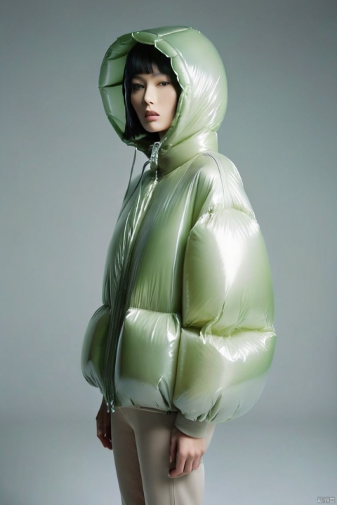  Fine art photography of a beautiful slender Japanese model walking, high-fashion custome designed by Martin Margiela, short black hair, multiple soft lighting, greenish gray background, transparent plastic, inflated, multilayered, puffy, intricated, hooded, surreal, subdued, realistic, characters