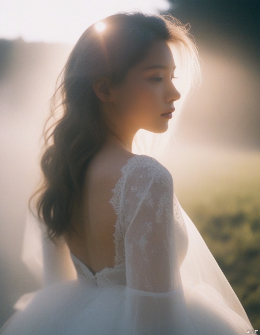  a girl close up,tyndall effect,wedding dress,foggy,dark shadow photography,surreal dramatic lighting shadow (lofi, analog),kodak film by Brandon Woelfel Ryan McGinley,
, xxmixgirl, sunlight