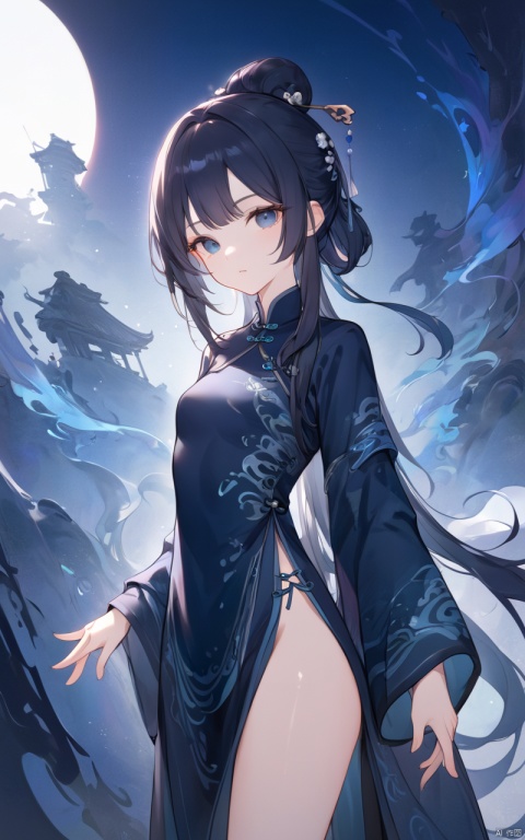  (abstract art:1.4), masterpiece, best quality, ultra high res, beautiful, visually stunning, (1girl:1.3), (dark blue theme:1.2), deep blue, cowboy shot,girl,wuxia,Chinese style,(Small chest:0.75),niji, sunlight, monkren