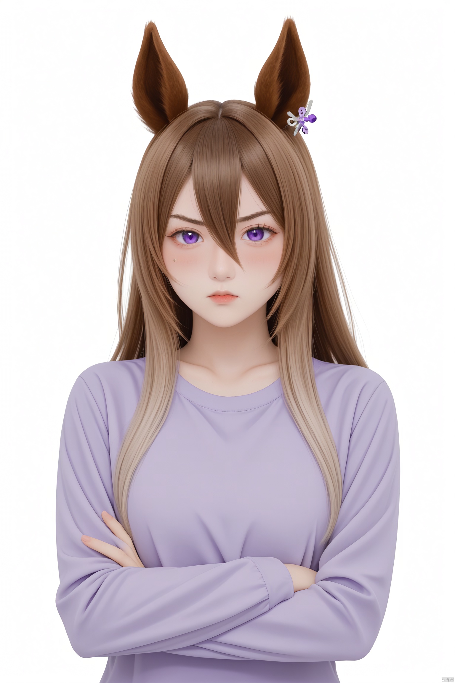 1girl,
score_9, :t, two-tone hair, puff of air, annoyed, looking at viewer, furrowed brow, crossed arms, blush, white background, closed mouth, light brown hair, brown hair, long hair, simple background, solo, purple eyes, sweat, multicolored hair, purple shirt, ear ornament, shirt, streaked hair, pout, long sleeves, animal ears, v-shaped eyebrows, horse ears, portrait, horse girl, hair between eyes