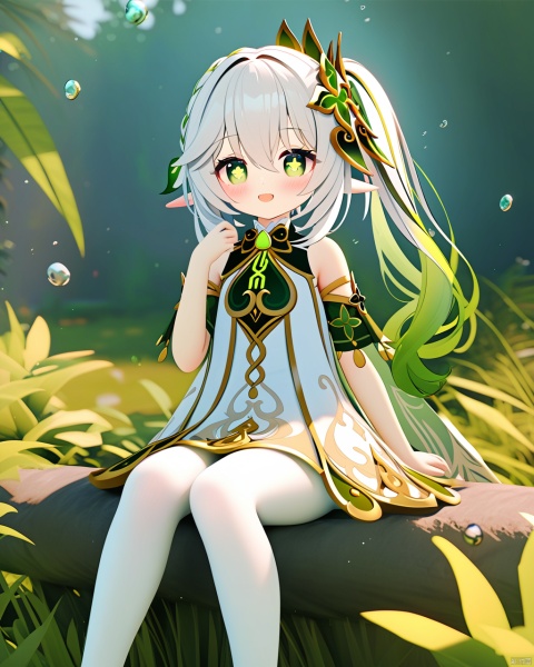  chen bin, mmd style, 1girl, nahida (genshin impact), solo, green eyes, pointy ears, side ponytail, symbol-shaped pupils, hair ornament, looking at viewer, white hair, bangs, smile, multicolored hair, long hair, blush, dress, gradient hair, hair between eyes, open mouth, braid, plant, mushroom, detached sleeves, green hair, white dress, :d, sidelocks, bare shoulders, outdoors, cross-shaped pupils, sitting, sleeveless, leaf hair ornament, sleeveless dress, blurry, white pantyhose, hand up, nature, jewelry, knee up, water drop, Character