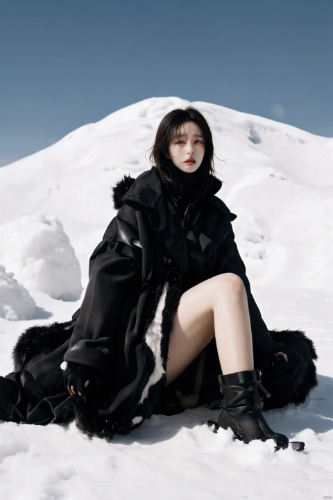a woman sitting on top of a snow covered ground, inspired by Vanessa Beecroft, jet black tuffe coat, li zixin, furry legs, official valentino editorial, in the steppe, kim jung gi, song nan li, bear legs