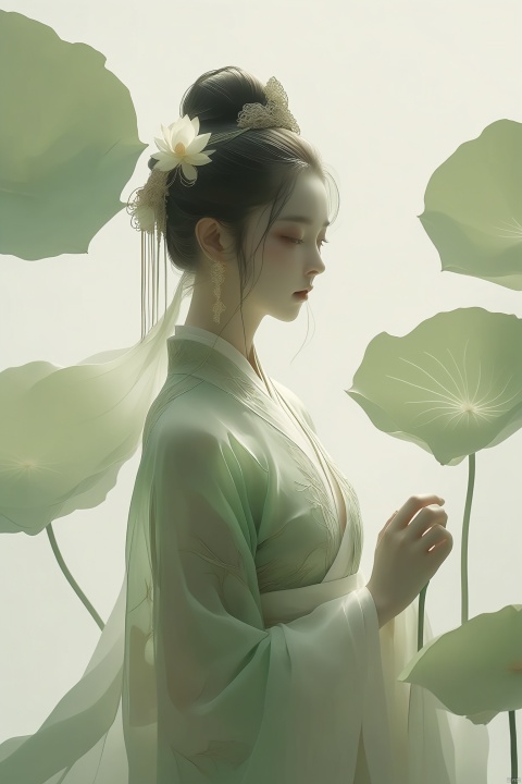  Ancient Chinese Beauty, wearing Hanfu, standing by one enormous lotus leave with intricate patterns, median transparent/translucent lotus leave, soft glow, in the style of Albert Watson, minimalism, light emerald and white, simple white background, surrealist, feminine sensibilities, sunlight, monkren,,