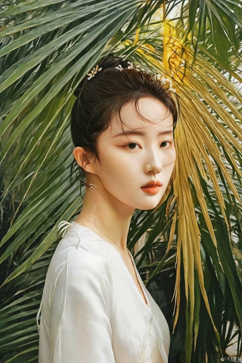  a woman standing in front of a palm leaf, a picture, inspired by Li Fangying, jinyoung shin aesthetic, editorial footage, avatar image, lovely delicate face, beauty retouch, very very very realistic,upper_body, 1girl, Professional