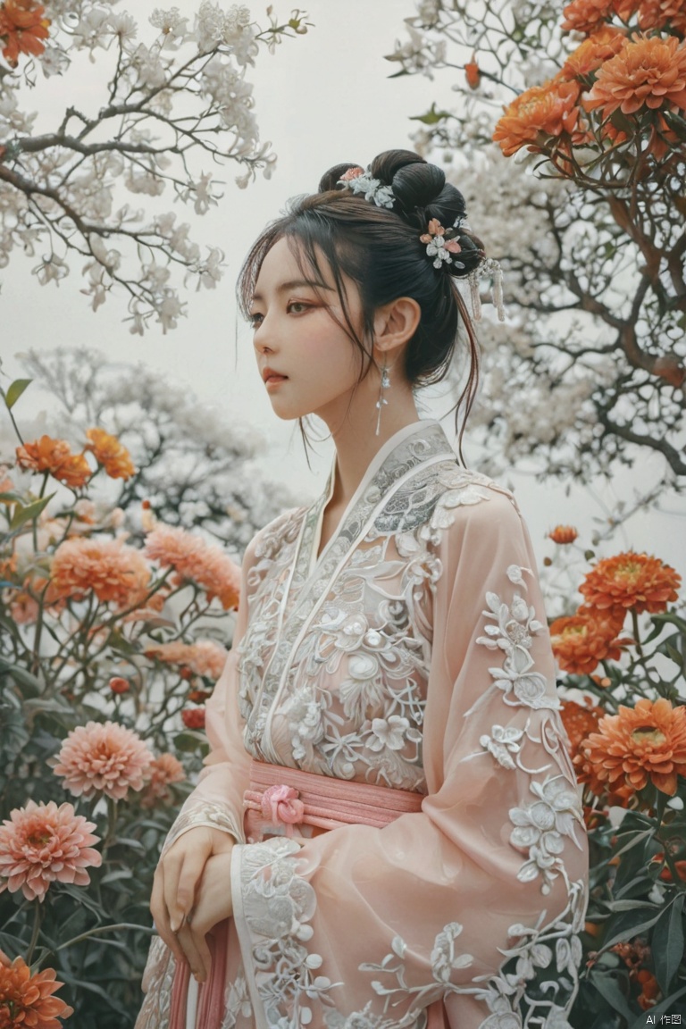  film grain analog photography,, 1girl, solo, hanfu, ancient_chinese_architecture, flower field, blossom, (white smoke:1.3) (photorealistic:1.4), zentangle, mandala, entangle, official art, unity 8k wallpaper, ultra detailed, beautiful and aesthetic, masterpiece,best quality, (dynamic angle:1.4), glowing skin, (floating colorful sparkles:1) the most beautiful form of chaos, elegant, a brutalist designed, vivid colours, romanticism depth of field exotic_dance pink hair