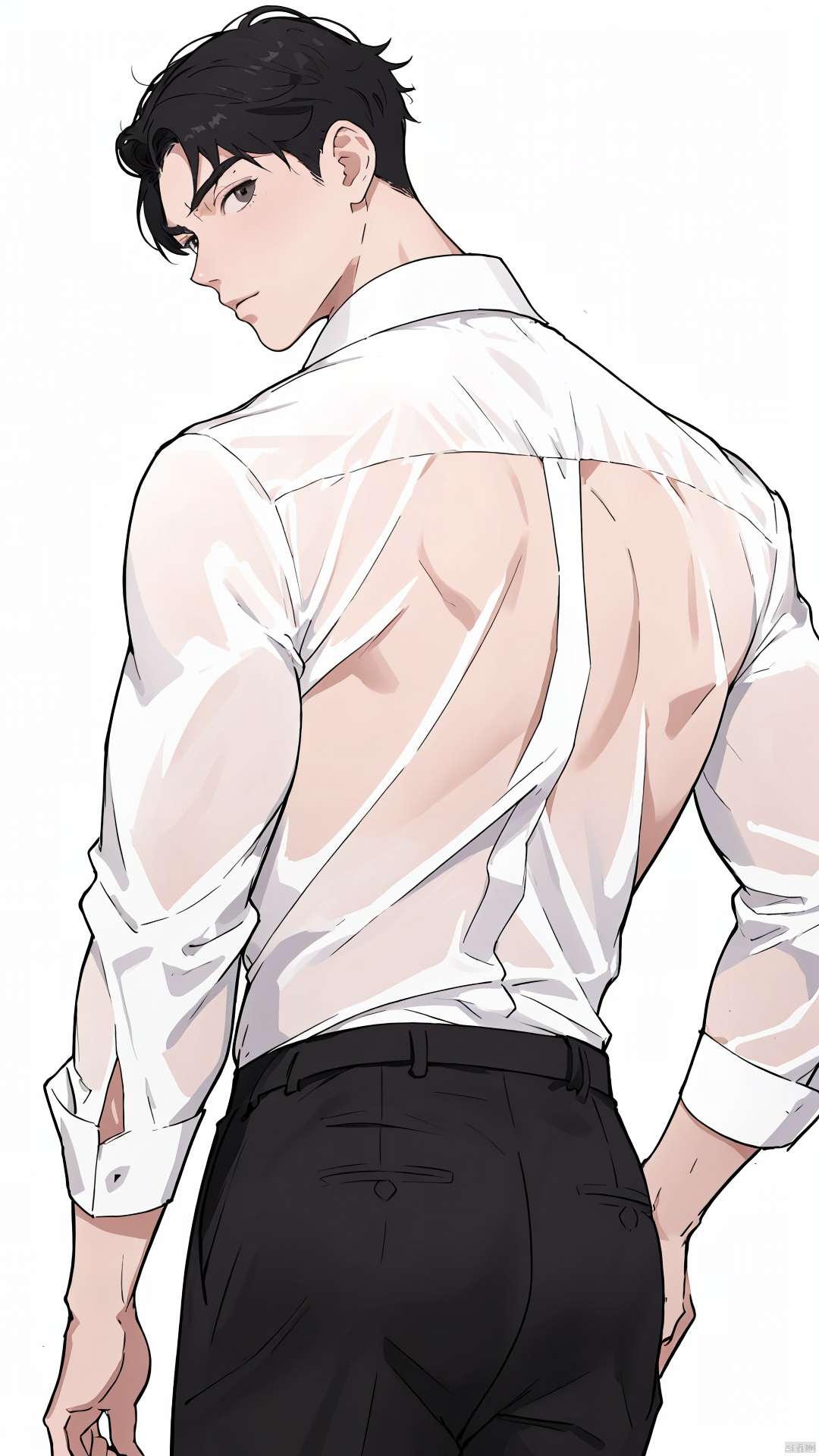  1boy, male focus, solo, black hair, looking back, back, from behind, short hair, **********, shirt, white background, muscular, muscular male, white shirt, looking at viewer