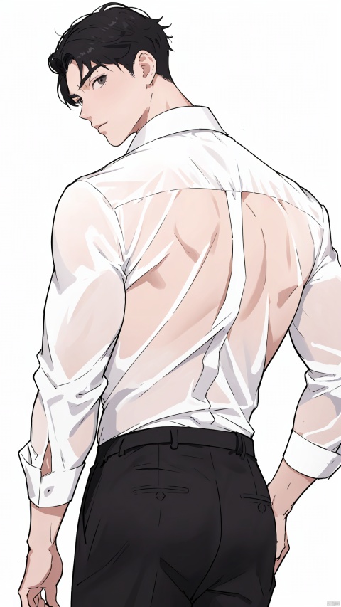  1boy, male focus, solo, black hair, looking back, back, from behind, short hair, undressing, shirt, white background, muscular, muscular male, white shirt, looking at viewer