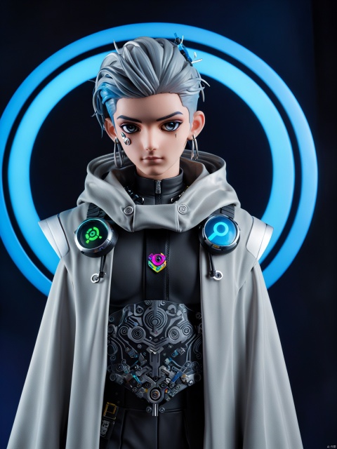  a character, possibly male,standing,full body,full view, with a futuristic or cyberpunk aesthetic. He has a sleek, silver-grey outfit with intricate details, including a chest plate with a circular design and a long, flowing cloak. The character's hair is styled in a bun, and he has a piercing on his left ear. He is holding a long, slender weapon in his right hand, and there are various digital elements, such as floating icons and a glowing circle, in the background