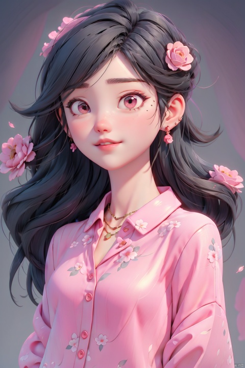  solo, jewelry, 1earring, long hair, looking at viewer, necklace, upper body, floral print, 1girl, shirt, grey hair, pink flower, black background, lips, closed mouth, bangs, flower, jacket, pink rose, collared shirt, simple background, (masterpiece:1.2), best quality, highres,extremely detailed CG,perfect lighting,8k wallpaper,