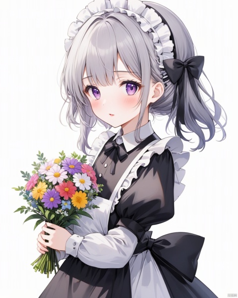  rurudo, 1girl, solo, flower, bouquet, purple eyes, maid headdress, looking at viewer, maid, apron, holding, white background, long sleeves, holding bouquet, grey hair, dress, bow, juliet sleeves, puffy sleeves, blush, simple background, parted lips, frills, ribbon, two side up, hair bow, maid apron