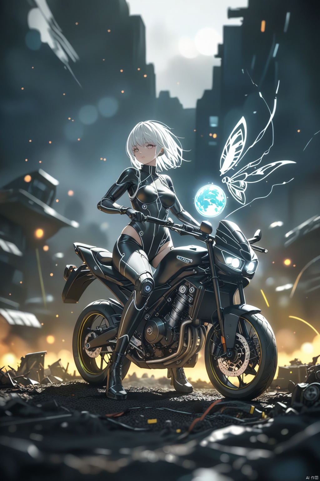  Beautiful woman with white hair in a black futuristic outfit on a motorcycle next to a huge robot. Planet Earth is visible behind the bike. The art style is digital with detailed character design. The scene has a cyberpunk feel with high resolution, high detail, high quality, and high definition. The artwork is hyper realistic and hyperdetailed with high dynamic range and high contrast in the style of HDR, (score_9_up