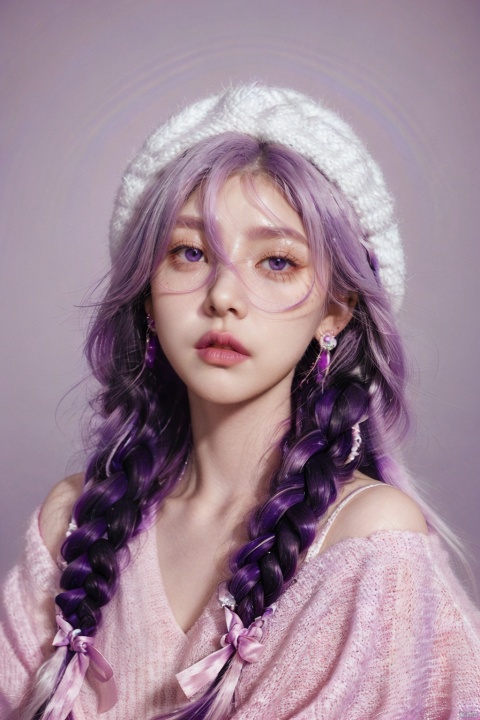 1 girl, long white hair, hat, jewelry, shut up, purple eyes, upper body, purple hair, braids, multi-colored hair, earrings, double braids, sweater, lips, gradient, gradient background, eyelashes, makeup, pink background, portrait, shoulder hair, real, red lips,