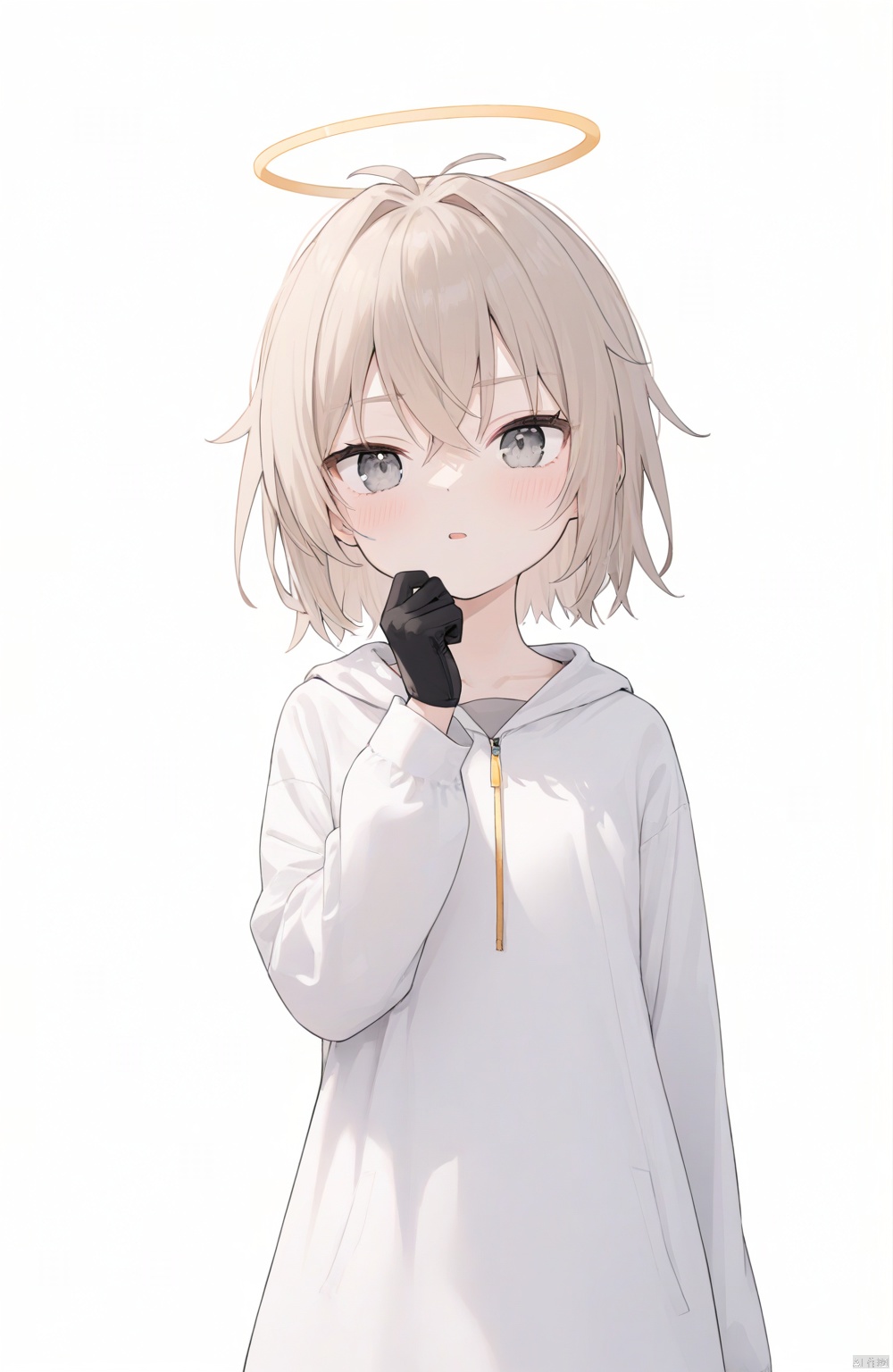  rurudo, 1girl, solo, grey eyes, white background, long sleeves, white hair, simple background, clear face, black gloves, thinking,one arm behind back,a halo overhead