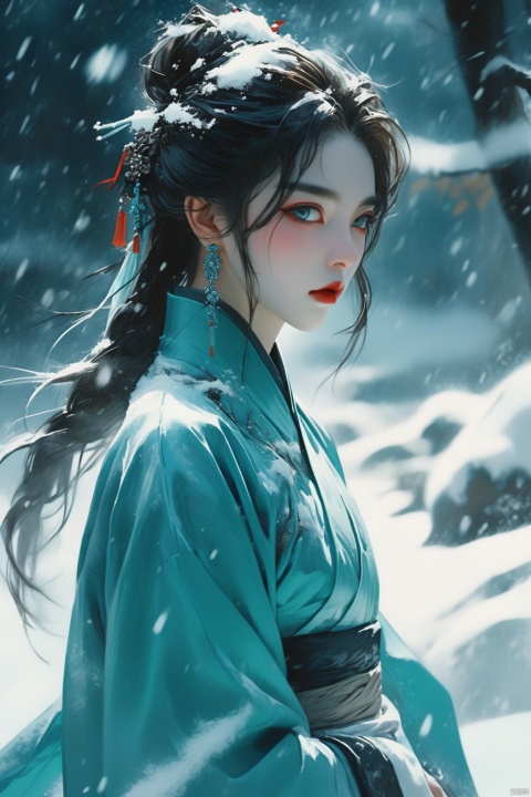  cinematic still asian,woman,hanfu,expressionism oil painting, turquoise Eyes, Short Nose, Full Lips, Sharp Chin, Long Hair, Formal Updo, large breasts, black satin lipstick,winter,snow,outdoors . emotional, harmonious, vignette, 4k epic detailed, shot on kodak, 35mm photo, sharp focus, high budget, cinemascope, moody, epic, gorgeous, film grain, grainy, asian,woman,hanfu,expressionism oil painting, turquoise Eyes, Short Nose, Full Lips, Sharp Chin, Long Hair, Formal Updo, large breasts, black satin lipstick,winter,snow,outdoors, elegant, highly detailed, vibrant colors, intricate, very sharp focus, candid, iconic, extremely beautiful, winning
