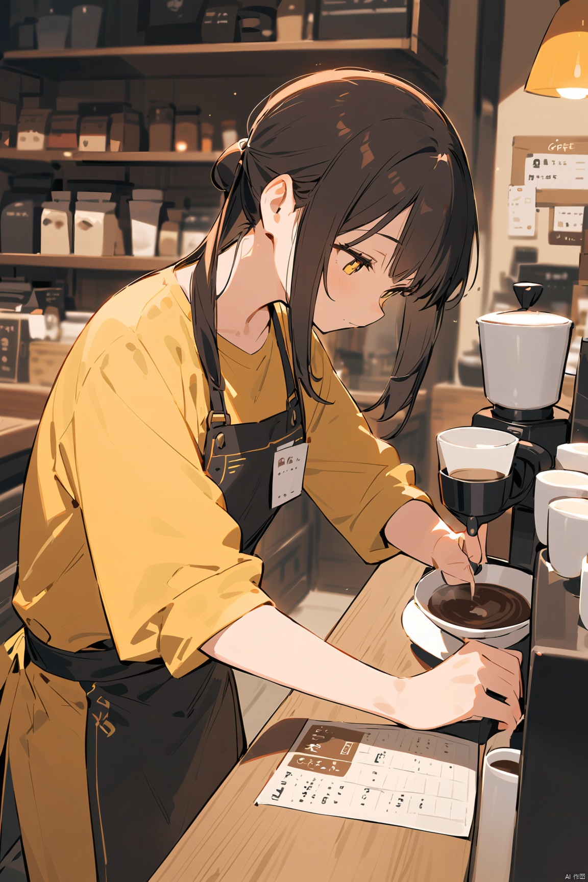  A clerk with yellow shirt in a coffee shop is making coffee