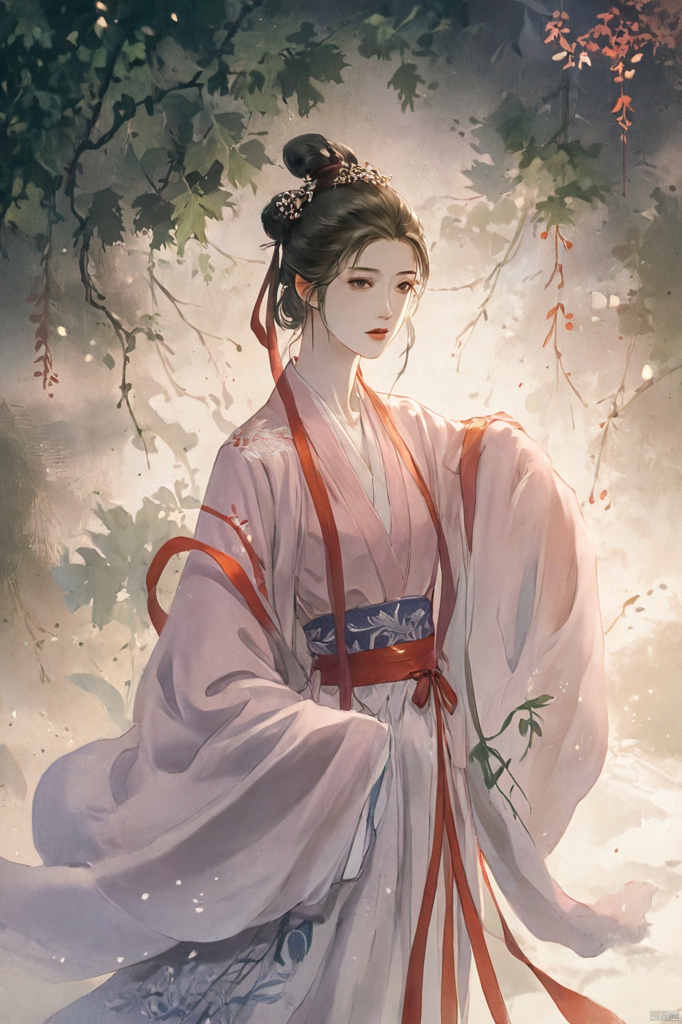  Fashion editorial style a asian girl with hanfu ruqun,Jin style, joint brand, ribbon, Withered leaves, old vines, plant illustration, splash ink,High fashion, trendy, stylish, editorial, magazine style, professional, highly detailed, cinematic lighting, Dramatic lighting, concept art,
